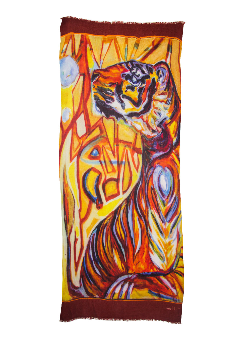 tiger cashmere shawl, made in Nepal, main colors are orange, red and yellow