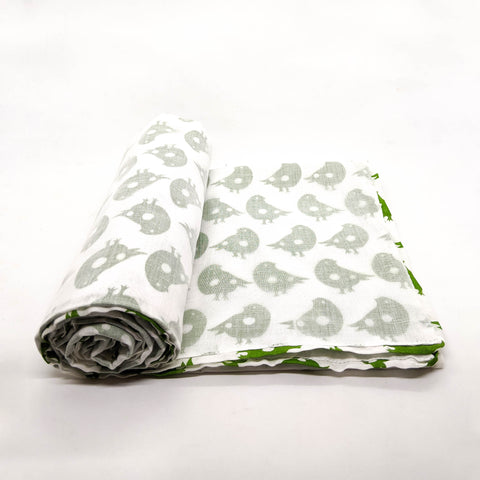 Small Kid Blanket - Green Bird Pattern