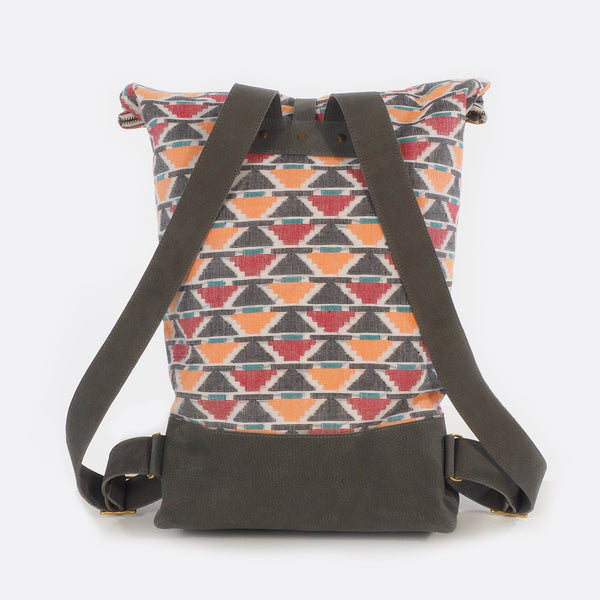 Back view of pyramid dhaka fabric backpack with leather