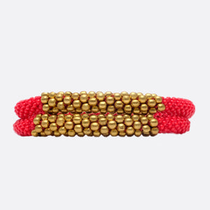 Beaded Bracelet With Brass Set - Red & Golden Power