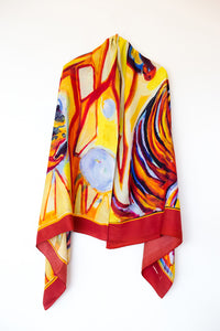 tiger silk shawl, made in Nepal, main colors are orange, red and yellow