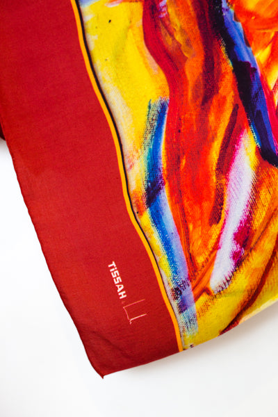 tiger silk shawl, made in Nepal, main colors are orange, red and yellow