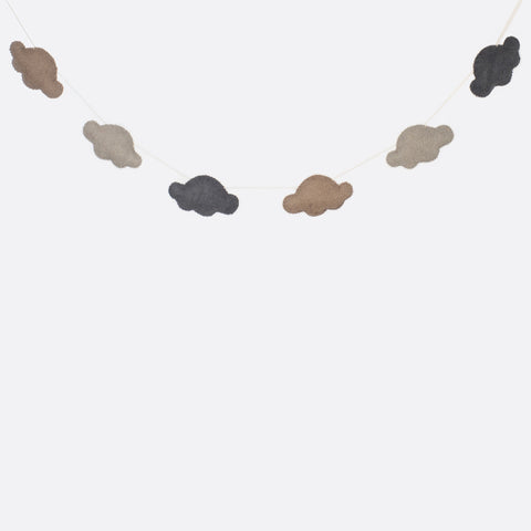 A garland with six small clouds. Three different shades of grey are used for the clouds. Two clouds have always the same color.
