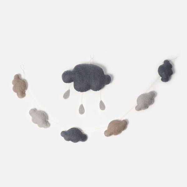 The garland and the matching mobile are shown. The mobile is one big cloud with three small drops. 