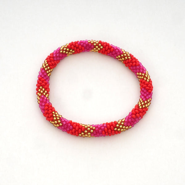 Beaded Bracelet - Mat Pink & Red & Gold