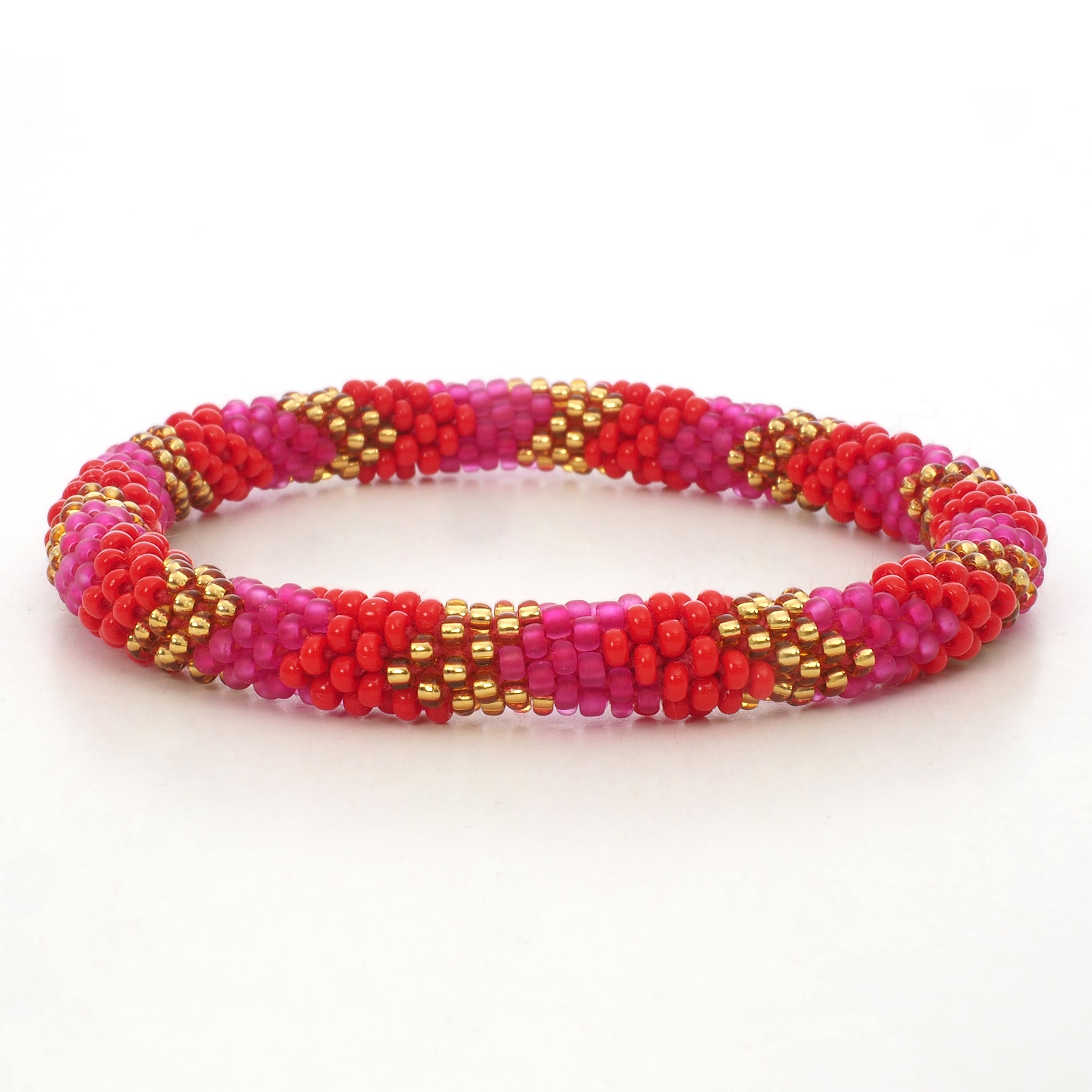 Beaded Bracelet - Mat Pink & Red & Gold