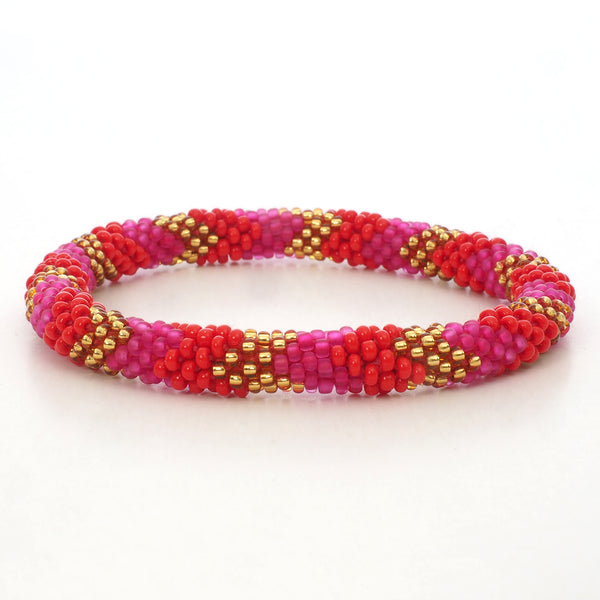 Beaded Bracelet - Mat Pink & Red & Gold