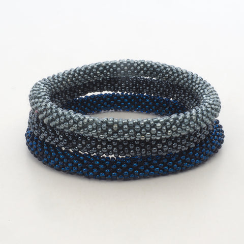 Beaded Bracelet Set of 3 - Dark Silver & Dark Blue