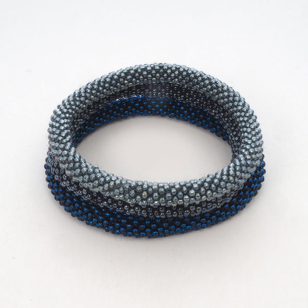 Beaded Bracelet Set of 3 - Dark Silver & Dark Blue