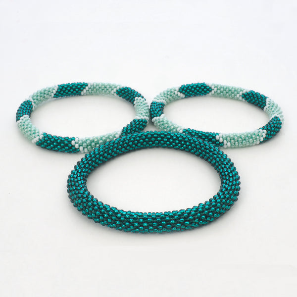 Beaded Bracelet Set of 3 - Dark Turquoise Shiny & Dark Turquoise - White - Light Blue