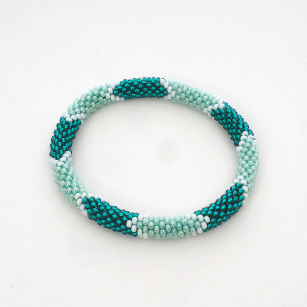 Beaded Bracelet - Shiny Dark Turquoise & White & Light Blue