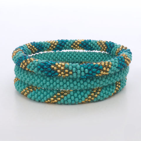 Beaded Bracelet Set of 3 - Shades of Turquoise & Gold