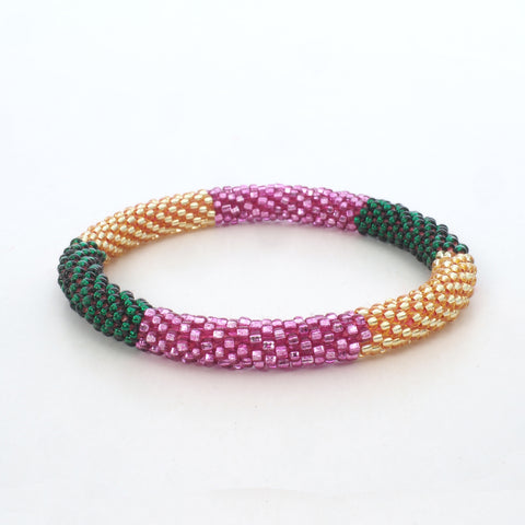 Beaded Bracelet - Shiny Dark Green & Gold & Pink