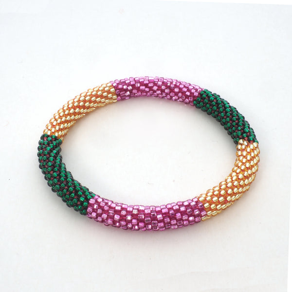 Beaded Bracelet - Shiny Dark Green & Gold & Pink
