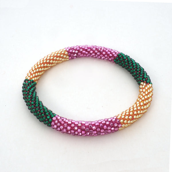 Perlenarmband - Glänzendes Dunkelgrün & Gold & Pink