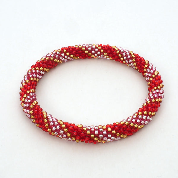 Beaded Bracelet - Transparent Shiny Red & Rose & Gold