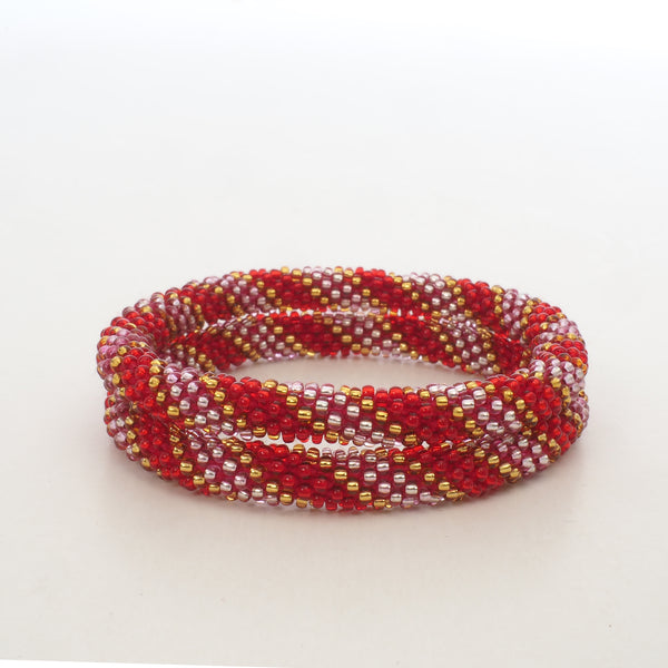 Beaded Bracelet Set - Transparent Shiny Red & Rose & Gold