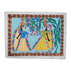 Two dancing women are holding hands. Their dresses are colorful. They have each two pots on their heads, big nose rings and other jewelry. They are dancing barefoot. The female artist Remani Mandal has drawn the painting on lokta paper.