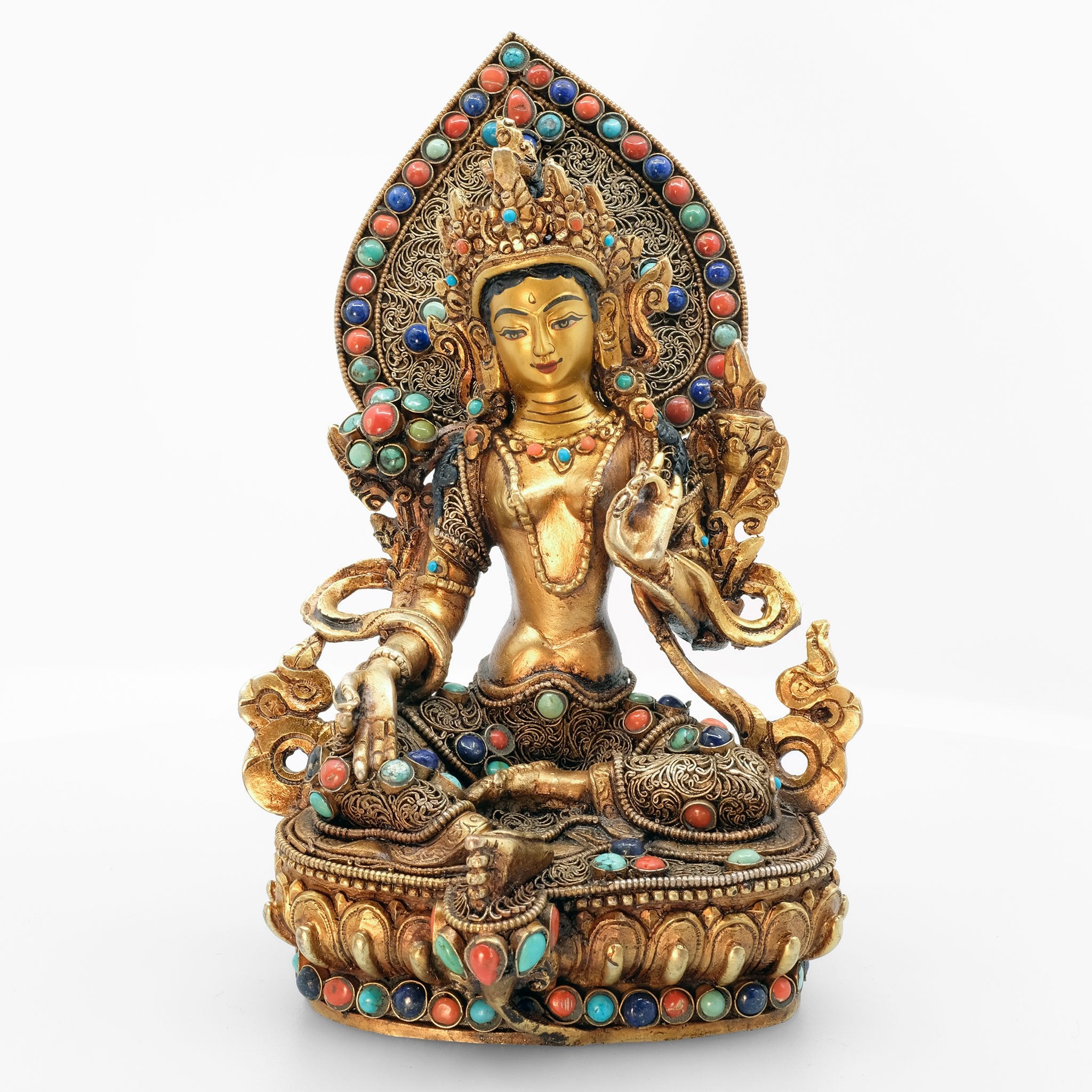 Green Tara statue, body from copper, lost wax casting, decorated with fine filigree, gold and silver plated, set with turquoise, coral and lapis lazuli. The face is set in gold. Handmade in Nepal