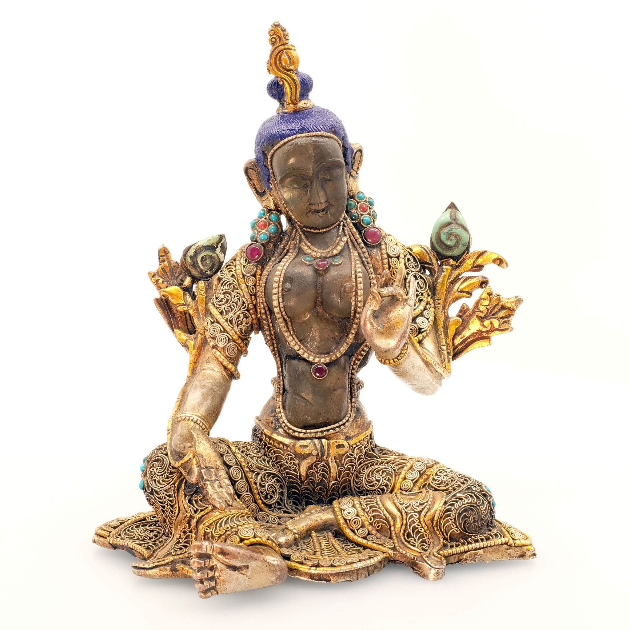 Green Tara, face and body carved from crystal, copper set with filigree, silver plated, gold plated set with turquoise and coral coloured stones. Made by Shanta Shakya. Front view