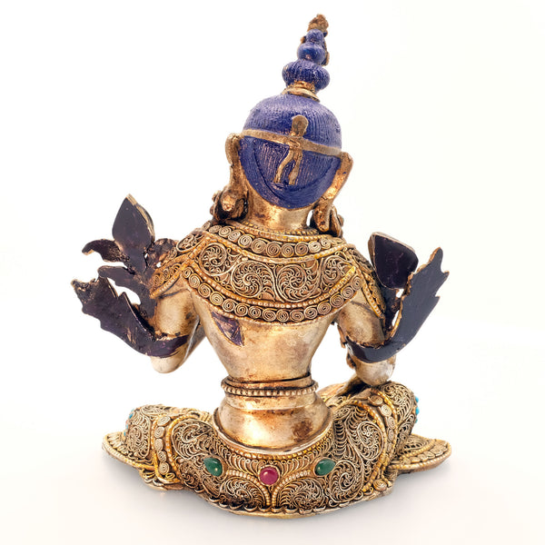 Green Tara, face and body carved from crystal, copper set with filigree, silver plated, gold plated set with turquoise and coral coloured stones. Back view